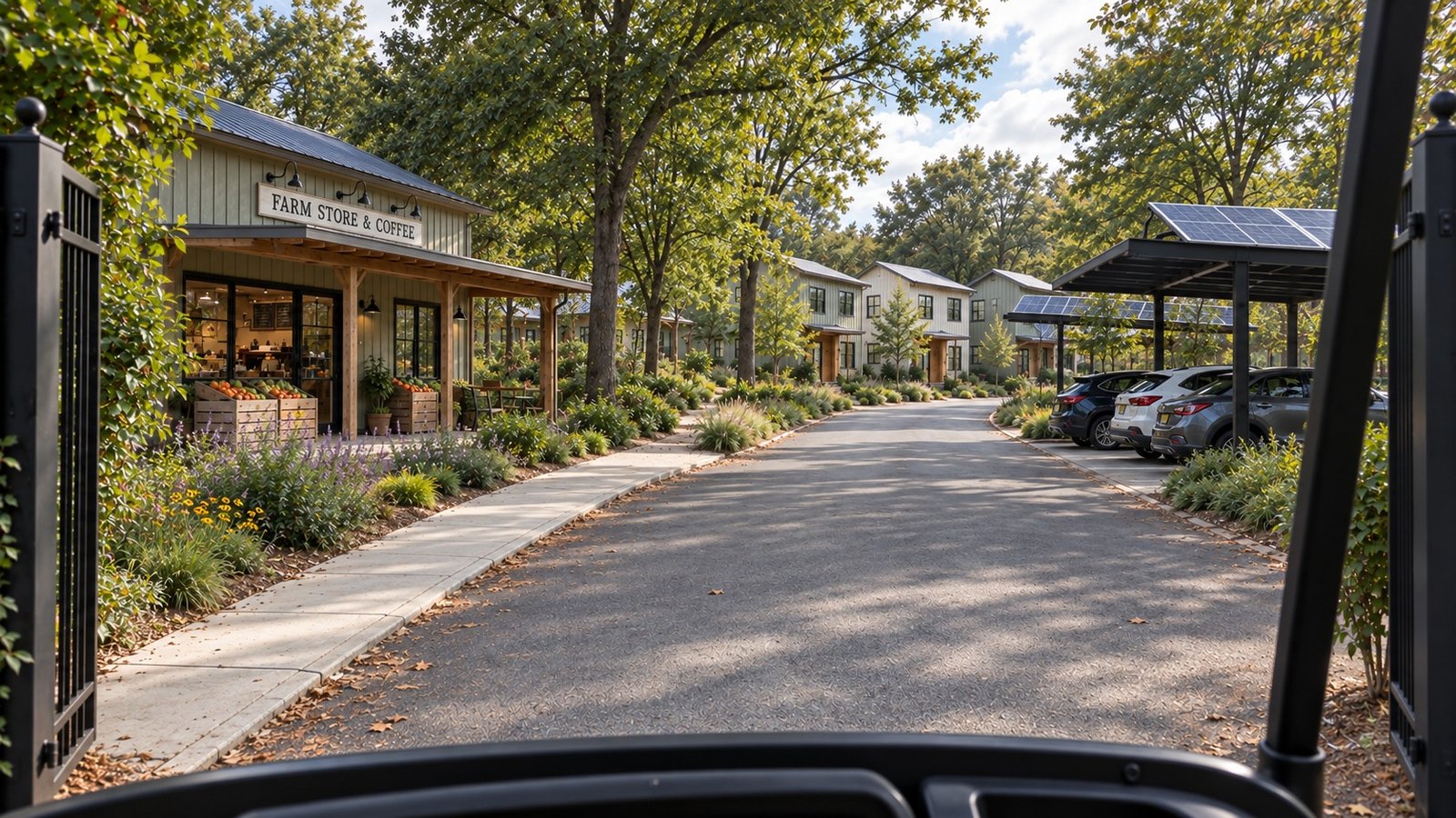 Proposed arrival route through the village with the farm store and solar-shaded parking