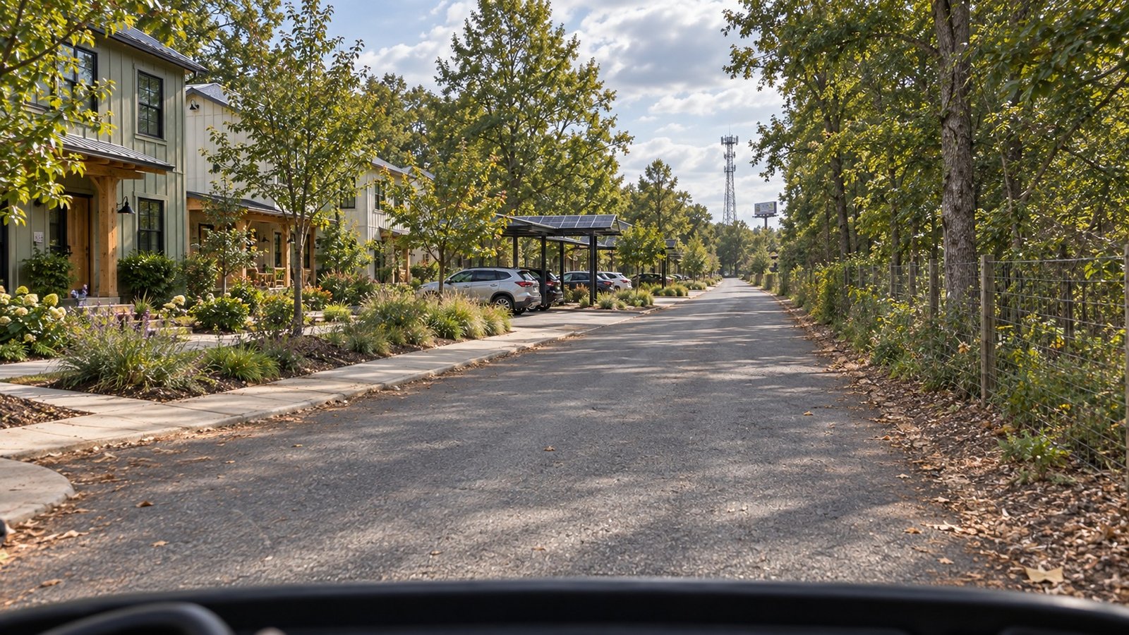 Proposed rear road along the cottages and landscape, viewed from a golf cart