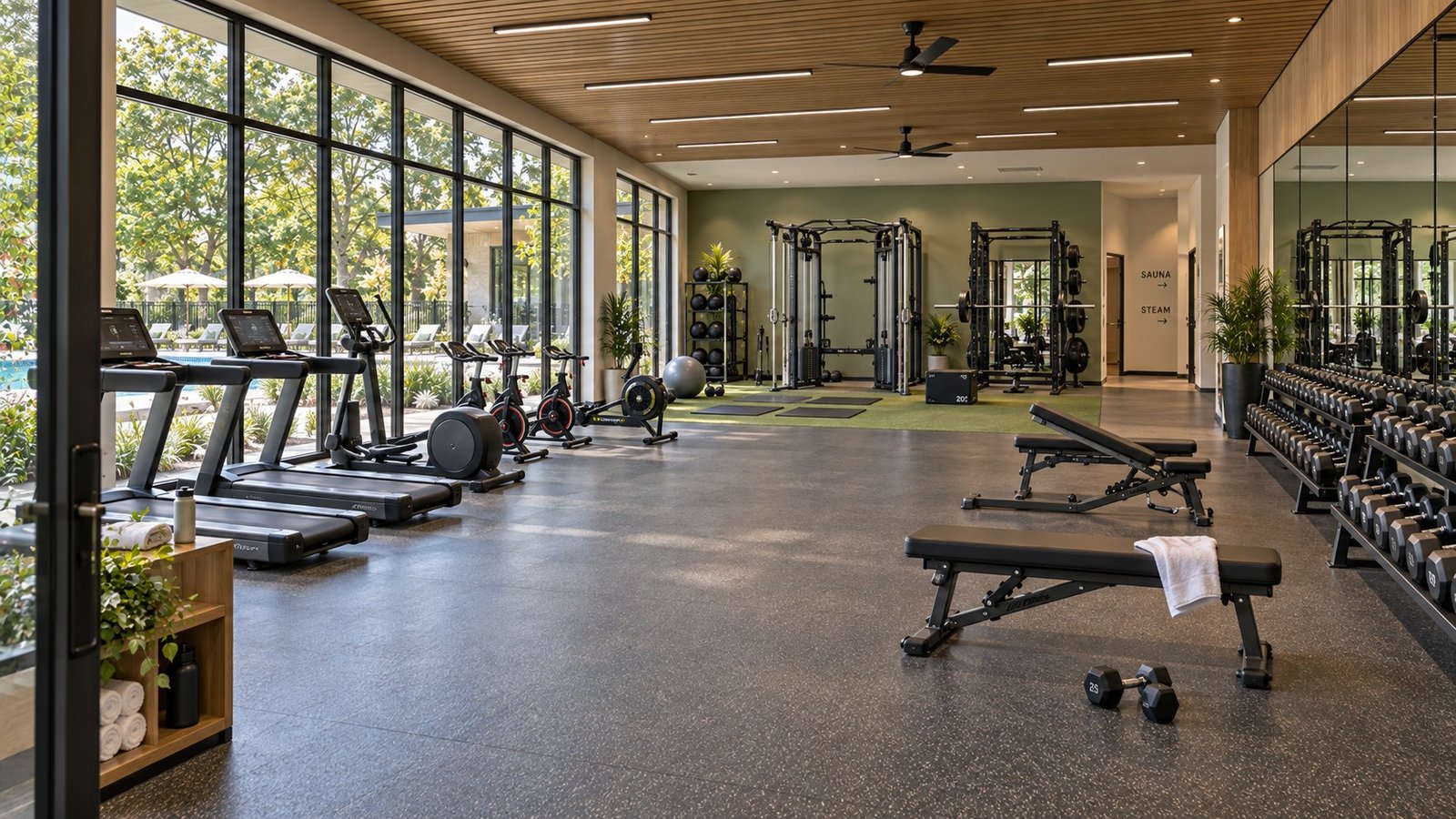 Proposed spacious gym with mirrored walls, multiple cardio machines, cable and pull-up stations, free weights and adjustable benches