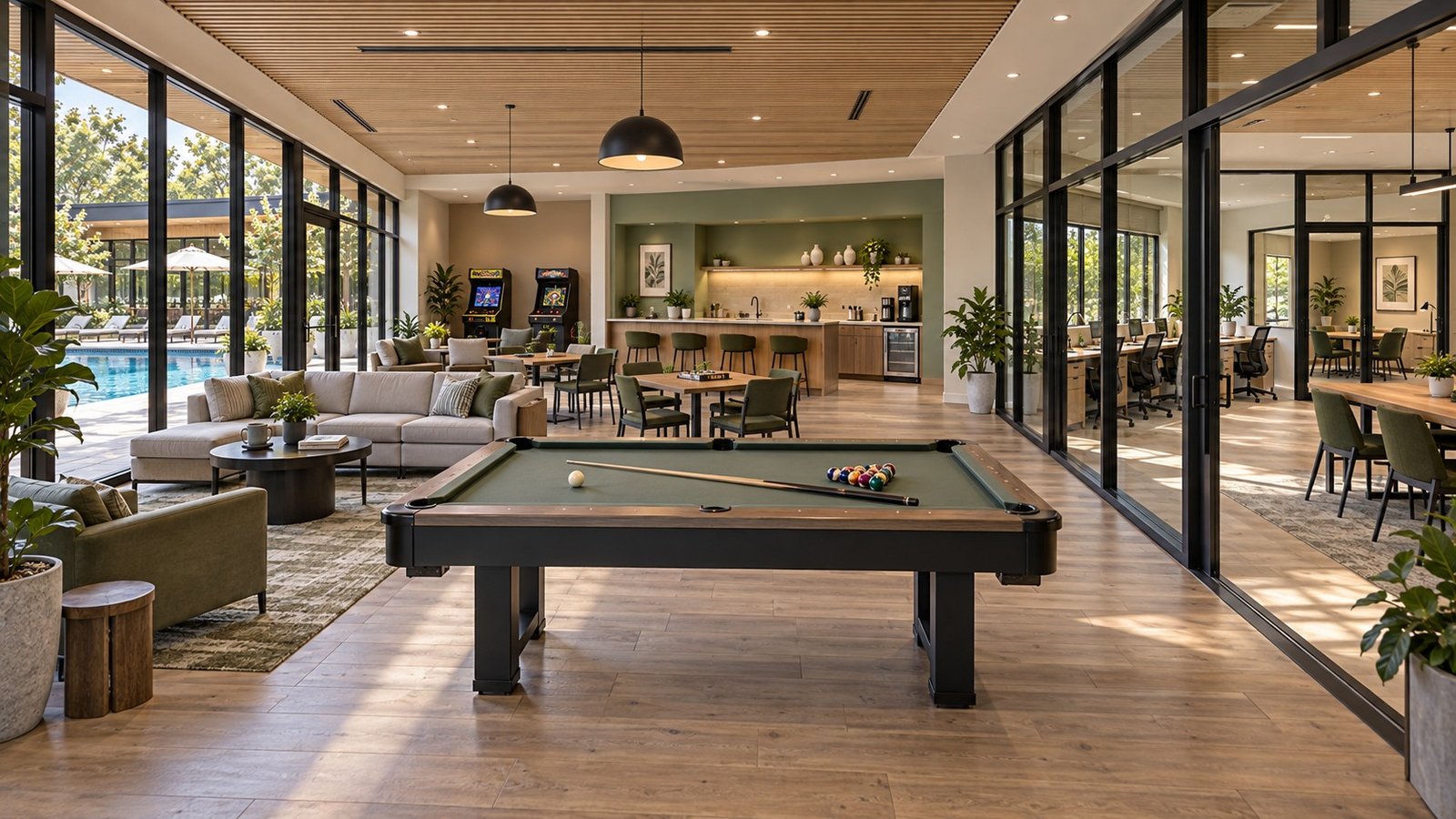 Proposed poolside clubhouse lounge with a pool table, serving bar, two arcade machines and a separate coworking and meeting room