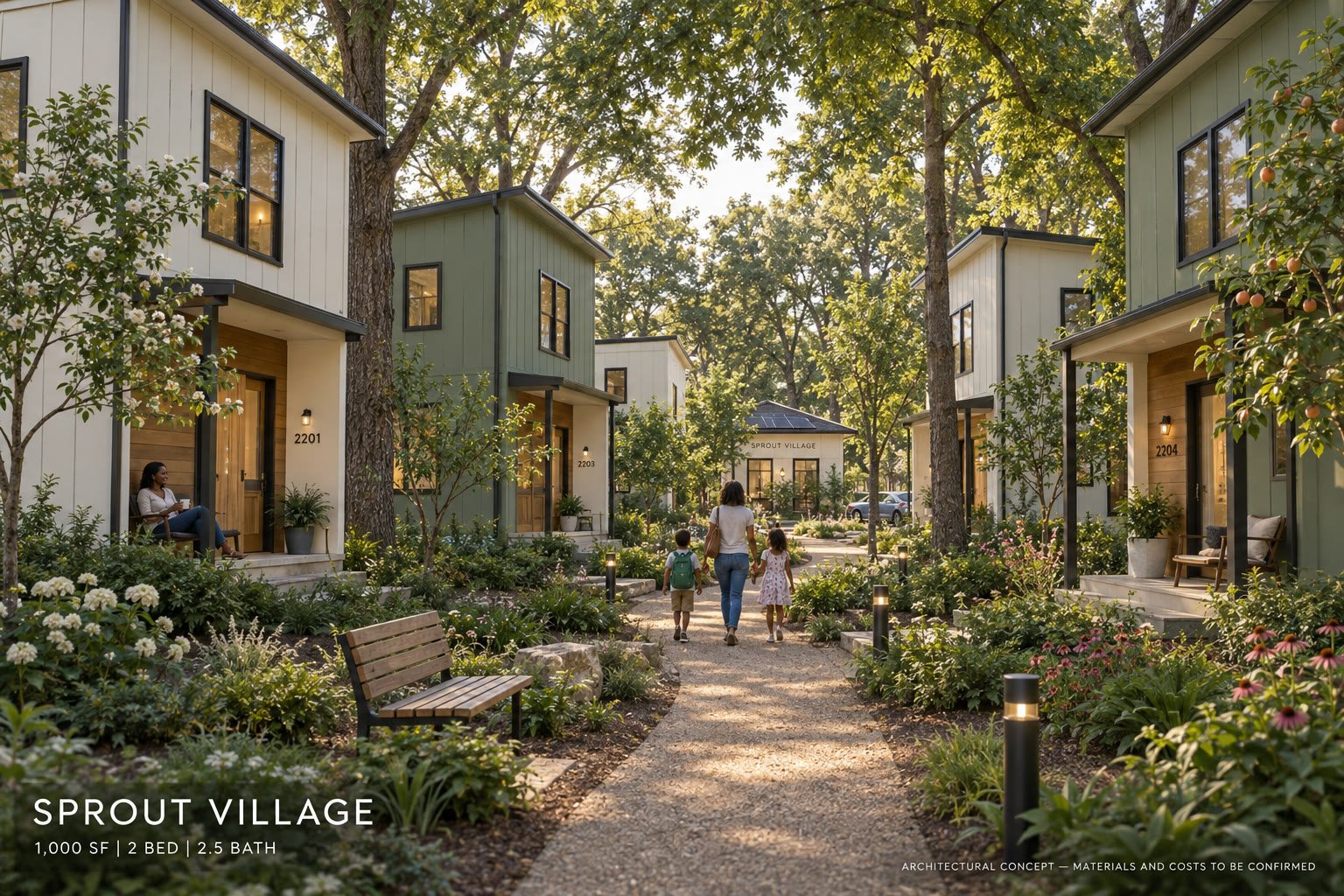 Concept rendering of contemporary cottages along a planted walking court