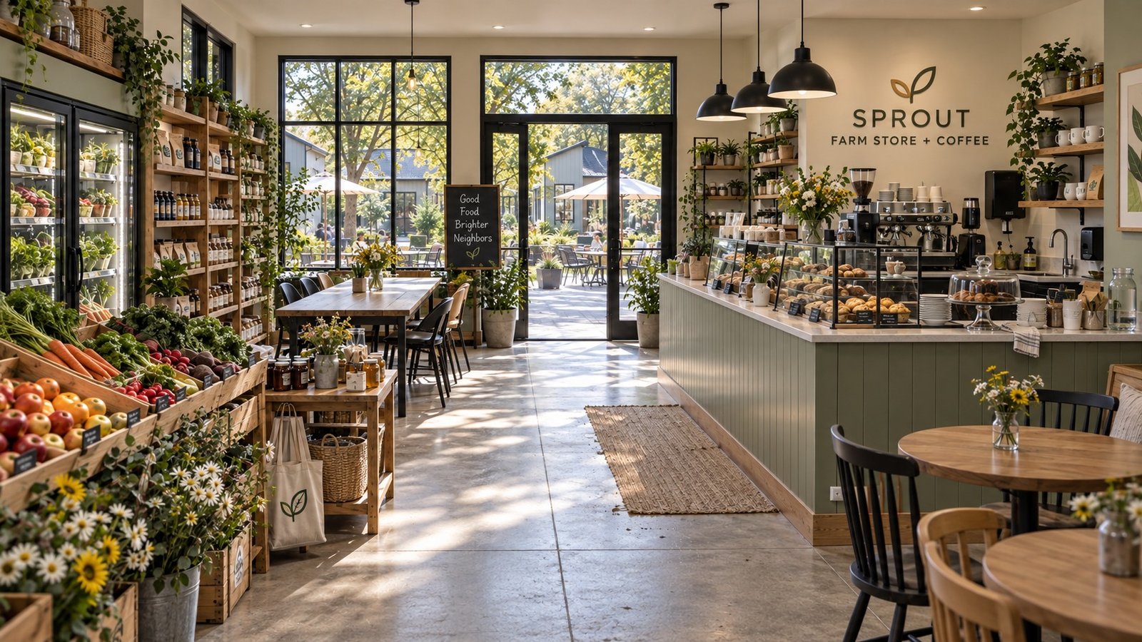 Design concept for the separate Sprout Village coffee and farm store, with a counter, produce displays and seating