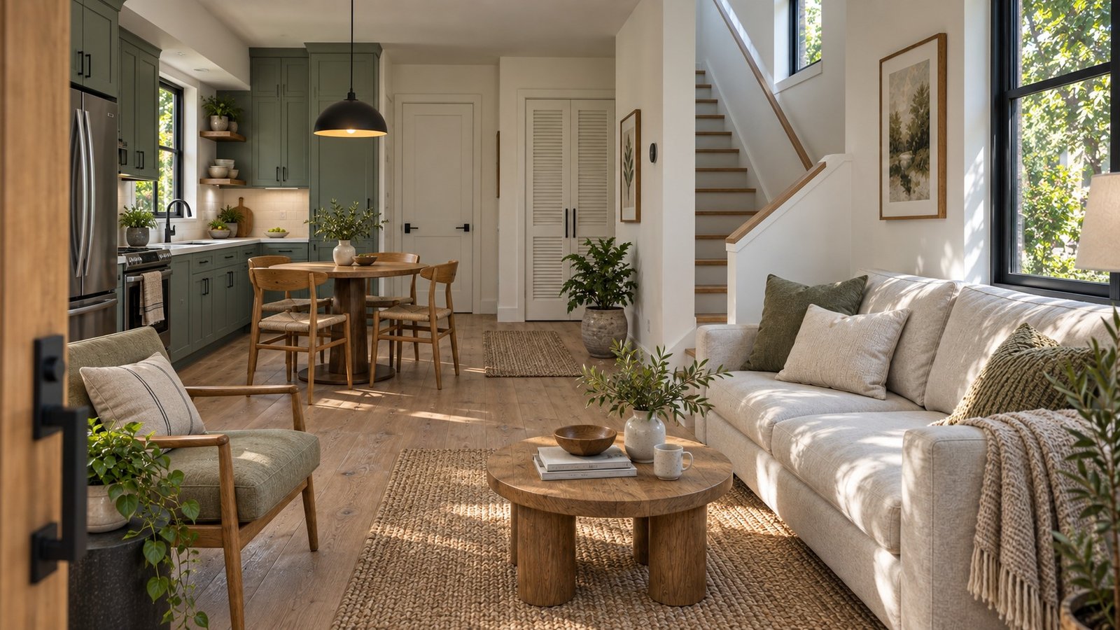 Proposed cottage living, kitchen and dining interior with warm natural finishes